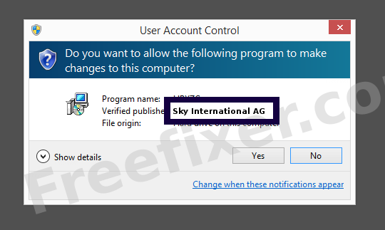 Screenshot where Sky International AG appears as the verified publisher in the UAC dialog